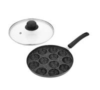 Satre Online and Marketing Black and Silver Non Stick Aluminium Long Handle 12 Pits Appam Pan with Transparent Glass Lid