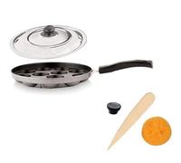 Satre Online and Marketing Non Stick Aluminium Appam Pan 12 Cavity With Handel and Stainless Steel Lid - Blak and Silver