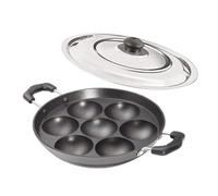 Satre Online and Marketing Small 7 Cavity Non-Stick Aluminium Heavy Induction Base Appam Pan with Steel Lid - Black,Silver,Red