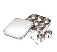 Satre Online and Marketing Square Stainless Steel 9-Compartment Spice Box with Steel Lid, Spoon, Silver, 9.2 x 9.2 x 2.1 Inches