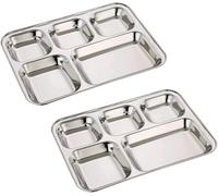 Satre Online And Marketing Stainless Steel Rectangle/Square 5 Section Compartment Lunch Plate Tray Set of 2
