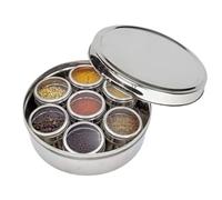 Satre Online and Marketing Stainless Steel Spice Box Upper Steel Lid with 8 Spice Container, Each Spice Container has Glass Lid with 2 Spoons-Size No-12
