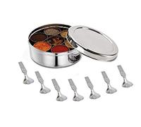Satre Online and Marketing Stainless Steel Spice Box Without Lid,Stainless Steel Masala Box,Indian Spice Box with 7 Spice Containers and Spoons