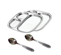 Satre Online and Marketing Stainless Steel Square Dinner Plate set of 2 with 2 Spoons,Compartment Plate 3 In 1 Set Of 2 With 2 Spoon,Pav Bhaji Plate Set of 2