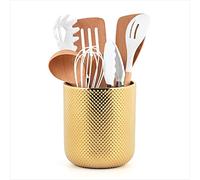 Satu Brown Ceramic Utensil Holder for Kitchen Counter, Gold Utensil Holder for Countertop, 5.1 W x 6.6 H inches