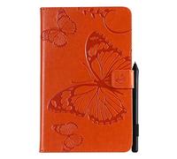 SATURCASE Butterfly Embossing PU Leather Flip Magnet Wallet Stand Card Slots Protective Case Cover for Samsung Galaxy Tab A 8.0 (2018) SM-T387 (BU-Orange)