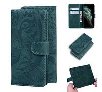 SATURCASE Case for Apple iPhone 11 Pro, Cool Tiger Embossing PU Leather Flip Dual Magnet Wallet Stand Card Slots Protective Cover for Apple iPhone 11 Pro (Green)