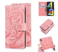 SATURCASE Case for Google Pixel 4A 4G, Cool Tiger Embossing PU Leather Flip Dual Magnet Wallet Stand Card Slots Protective Cover for Google Pixel 4A 4G (Pink)