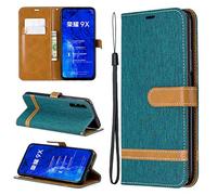 SATURCASE Case for Huawei Honor 9X / 9X Pro, Premium Jeans PU Leather Flip Magnet Wallet Stand Card Slots Protective Cover with Hand Strap for Huawei Honor 9X / 9X Pro (JE-Green)