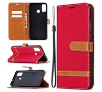 SATURCASE Case for Huawei Honor 9X Lite, Premium Jeans PU Leather Flip Magnet Wallet Stand Card Slots Protective Cover with Hand Strap for Huawei Honor 9X Lite (JE-Red)