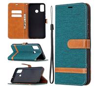 SATURCASE Case for Huawei Honor 9X Lite, Premium Jeans PU Leather Flip Magnet Wallet Stand Card Slots Protective Cover with Hand Strap for Huawei Honor 9X Lite (JE-Green)