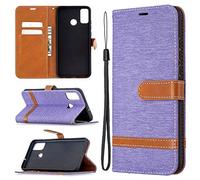 SATURCASE Case for Huawei Honor 9X Lite, Premium Jeans PU Leather Flip Magnet Wallet Stand Card Slots Protective Cover with Hand Strap for Huawei Honor 9X Lite (JE-Purple)