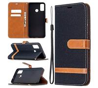 SATURCASE Case for Huawei Honor 9X Lite, Premium Jeans PU Leather Flip Magnet Wallet Stand Card Slots Protective Cover with Hand Strap for Huawei Honor 9X Lite (JE-Black)