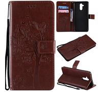 SATURCASE Case for Huawei Mate 20 Lite, Cat Tree PU Leather Flip Magnet Wallet Stand Card Slots Protective Cover with Hand Strap for Huawei Mate 20 Lite (Brown)