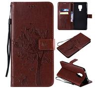 SATURCASE Case for Huawei Mate 20 X, Cat Tree Embossing PU Leather Flip Magnet Wallet Stand Card Slots Protective Cover with Hand Strap for Huawei Mate 20 X (Brown)