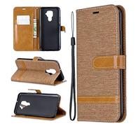 SATURCASE Case for Huawei Mate 30 Lite, Premium Jeans PU Leather Flip Magnet Wallet Stand Card Slots Protective Cover with Hand Strap for Huawei Mate 30 Lite (JE-Brown)