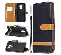 SATURCASE Case for Huawei Mate 30 Lite, Premium Jeans PU Leather Flip Magnet Wallet Stand Card Slots Protective Cover with Hand Strap for Huawei Mate 30 Lite (JE-Black)