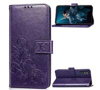 SATURCASE Case for Huawei Nova 5T, Lucky Clover PU Leather Flip Magnet Wallet Stand Card Slots Protective Cover with Hand Strap for Huawei Nova 5T (Purple)