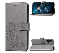 SATURCASE Case for Huawei Nova 5T, Lucky Clover PU Leather Flip Magnet Wallet Stand Card Slots Protective Cover with Hand Strap for Huawei Nova 5T (Gray)