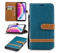 SATURCASE Case for Huawei P20 Lite, Premium Jeans Style Denim and PU Leather Flip Magnet Wallet Stand Card Slots Protective Cover with Hand Strap for Huawei P20 Lite (JE-Green)
