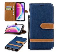 SATURCASE Case for Huawei P20 Lite, Premium Jeans Style Denim and PU Leather Flip Magnet Wallet Stand Card Slots Protective Cover with Hand Strap for Huawei P20 Lite (JE-Navy)