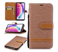 SATURCASE Case for Huawei P20 Lite, Premium Jeans Style Denim and PU Leather Flip Magnet Wallet Stand Card Slots Protective Cover with Hand Strap for Huawei P20 Lite (JE-Brown)