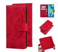 SATURCASE Case for Huawei P30, Cool Tiger Embossing PU Leather Flip Dual Magnet Wallet Stand Card Slots Protective Cover for Huawei P30 (Red)