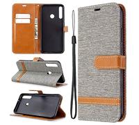 SATURCASE Case for Huawei P40 Lite E / Y7P, Premium Jeans PU Leather Flip Magnet Wallet Stand Card Slots Protective Cover with Hand Strap for Huawei P40 Lite E / Y7P (JE-Gray)