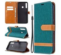 SATURCASE Case for Huawei P40 Lite E / Y7P, Premium Jeans PU Leather Flip Magnet Wallet Stand Card Slots Protective Cover with Hand Strap for Huawei P40 Lite E / Y7P (JE-Green)