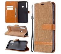 SATURCASE Case for Huawei P40 Lite E / Y7P, Premium Jeans PU Leather Flip Magnet Wallet Stand Card Slots Protective Cover with Hand Strap for Huawei P40 Lite E / Y7P (JE-Brown)