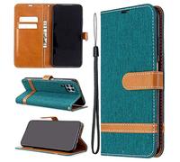 SATURCASE Case for Huawei P40 Lite/Nova 7i, Premium Jeans PU Leather Flip Magnet Wallet Stand Card Slots Protective Cover with Hand Strap for Huawei P40 Lite/Nova 7i (JE-Green)