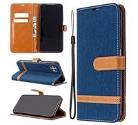 SATURCASE Case for Huawei P40 Lite/Nova 7i, Premium Jeans PU Leather Flip Magnet Wallet Stand Card Slots Protective Cover with Hand Strap for Huawei P40 Lite/Nova 7i (JE-Navy)