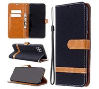 SATURCASE Case for Huawei P40 Lite/Nova 7i, Premium Jeans PU Leather Flip Magnet Wallet Stand Card Slots Protective Cover with Hand Strap for Huawei P40 Lite/Nova 7i (JE-Black)