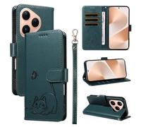 SATURCASE Case for Huawei Pura 80, Cute Cat PU Leather Flip Dual Magnet Wallet Stand Card Slots Hand Strap Protective Cover for Huawei Pura 80 (ZC-Dark Green)