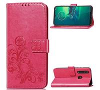 SATURCASE Case for Motorola Moto G8 Plus, Lucky Clover PU Leather Flip Magnet Wallet Stand Card Slots Protective Cover with Hand Strap for Motorola Moto G8 Plus (Rose)