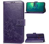 SATURCASE Case for Motorola Moto G8 Plus, Lucky Clover PU Leather Flip Magnet Wallet Stand Card Slots Protective Cover with Hand Strap for Motorola Moto G8 Plus (Purple)