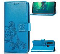 SATURCASE Case for Motorola Moto G8 Plus, Lucky Clover PU Leather Flip Magnet Wallet Stand Card Slots Protective Cover with Hand Strap for Motorola Moto G8 Plus (Blue)