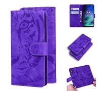 SATURCASE Case for Motorola Moto One Fusion, Cool Tiger Embossing PU Leather Flip Dual Magnet Wallet Stand Card Slots Protective Cover for Motorola Moto One Fusion (Purple)