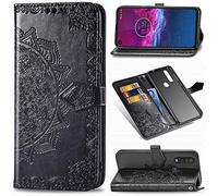 SATURCASE Case for Motorola One Action, Mandala Embossing PU Leather Flip Magnet Wallet Stand Card Slots Protective Cover with Hand Strap for Motorola One Action (Black)