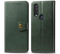 SATURCASE Case for Motorola One Action, Premium PU Leather Flip Round Magnet Wallet Stand Card Slots Protective Cover with Hand Strap for Motorola One Action (Green)