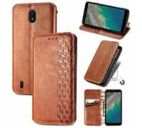 SATURCASE Case for Nokia C01 Plus, Cubes PU Leather Flip Built-in Magnet Adsorption Wallet Stand Card Slots Protective Cover for Nokia C01 Plus (LT-Brown)