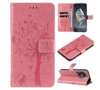 SATURCASE Case for OnePlus 12R / Ace 3 5G, Cat Tree Embossing PU Leather Flip Magnet Wallet Stand Card Slots Protective Cover with Hand Strap for OnePlus 12R / Ace 3 5G (MS-Pink)