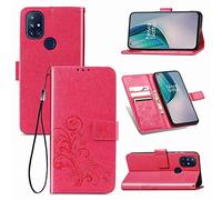 SATURCASE Case for OnePlus Nord N10 5G, Lucky Clover PU Leather Flip Magnet Wallet Stand Card Slots Protective Cover with Hand Strap for OnePlus Nord N10 5G (Rose)
