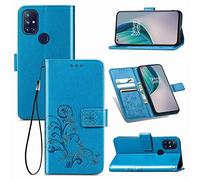 SATURCASE Case for OnePlus Nord N10 5G, Lucky Clover PU Leather Flip Magnet Wallet Stand Card Slots Protective Cover with Hand Strap for OnePlus Nord N10 5G (Blue)