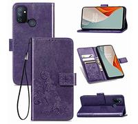 SATURCASE Case for OnePlus Nord N100, Lucky Clover PU Leather Flip Magnet Wallet Stand Card Slots Protective Cover with Hand Strap for OnePlus Nord N100 (Purple)