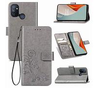 SATURCASE Case for OnePlus Nord N100, Lucky Clover PU Leather Flip Magnet Wallet Stand Card Slots Protective Cover with Hand Strap for OnePlus Nord N100 (Gray)
