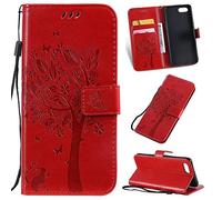 SATURCASE Case for OPPO A1K / Realme C2, Cat Tree Embossing PU Leather Flip Magnet Wallet Stand Card Slots Protective Cover with Hand Strap for OPPO A1K / Realme C2 (Red)