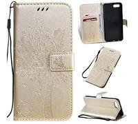 SATURCASE Case for OPPO A1K / Realme C2, Cat Tree Embossing PU Leather Flip Magnet Wallet Stand Card Slots Protective Cover with Hand Strap for OPPO A1K / Realme C2 (Gold)