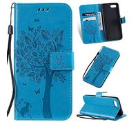 SATURCASE Case for OPPO A1K / Realme C2, Cat Tree Embossing PU Leather Flip Magnet Wallet Stand Card Slots Protective Cover with Hand Strap for OPPO A1K / Realme C2 (Blue)