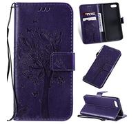 SATURCASE Case for OPPO A1K / Realme C2, Cat Tree Embossing PU Leather Flip Magnet Wallet Stand Card Slots Protective Cover with Hand Strap for OPPO A1K / Realme C2 (Purple)